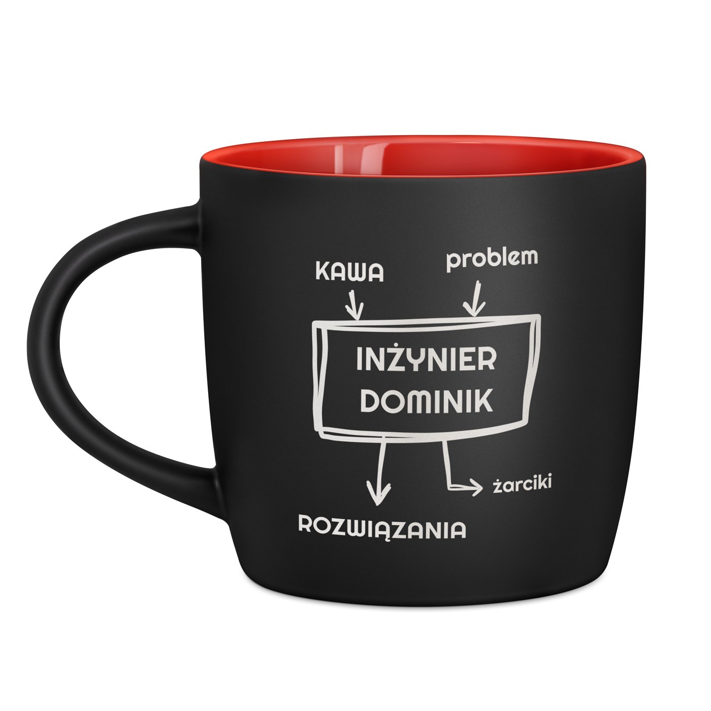 Kubek ceramiczny czarny środek czerwony z grawerem dla inżyniera