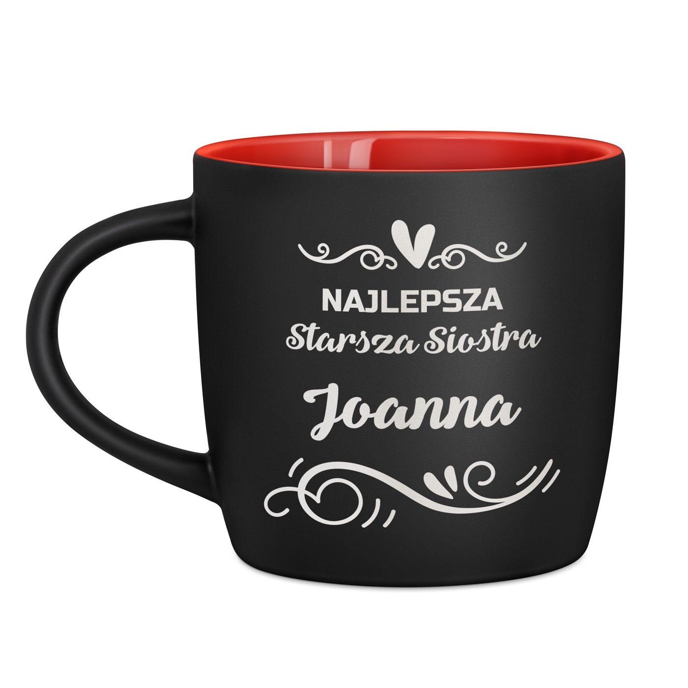 Kubek ceramiczny czarny środek czerwony z grawerem dla siostry na imieniny