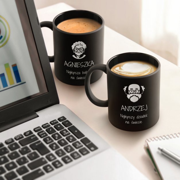 Kubki ceramiczne czarne matowe x2 zestaw z grawerem dla dziadków na Dzień Babci i Dzień Dziadka podziękowanie ślubne