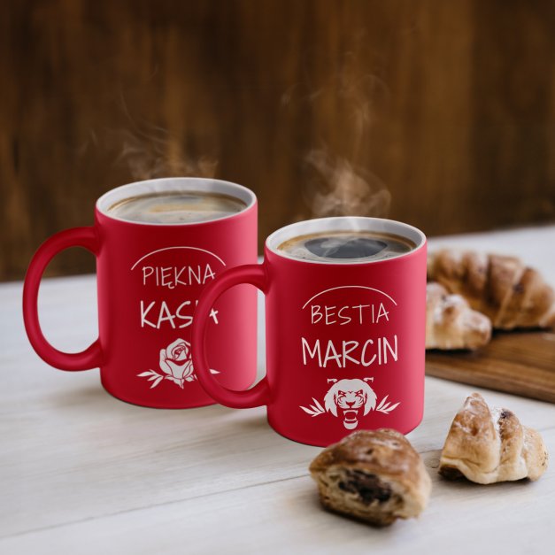 Kubki ceramiczne czerwone z białym środkiem x2 z grawerem dla pary na ślub rocznicę parapetówkę święta