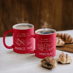 Kubki ceramiczne czerwone z białym środkiem x2 z grawerem dla pary gitarzysty podróżnika na ślub rocznicę parapetówkę