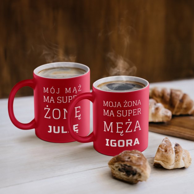 Kubki ceramiczne czerwone z białym środkiem x2 z grawerem dla pary żony męża na ślub rocznicę walentynki