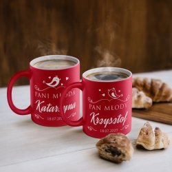 Kubki ceramiczne czerwone z białym środkiem x2 z grawerem dla pary na ślub
