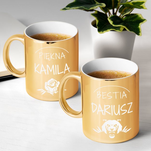 Kubki ceramiczne złote x2 z grawerem dla pary na ślub rocznicę parapetówkę