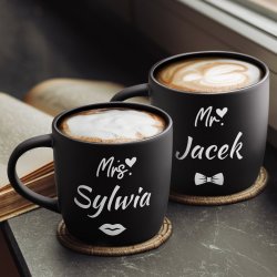 Kubki ceramiczne czarne x2 z grawerem dla pary na ślub rocznicę parapetówkę