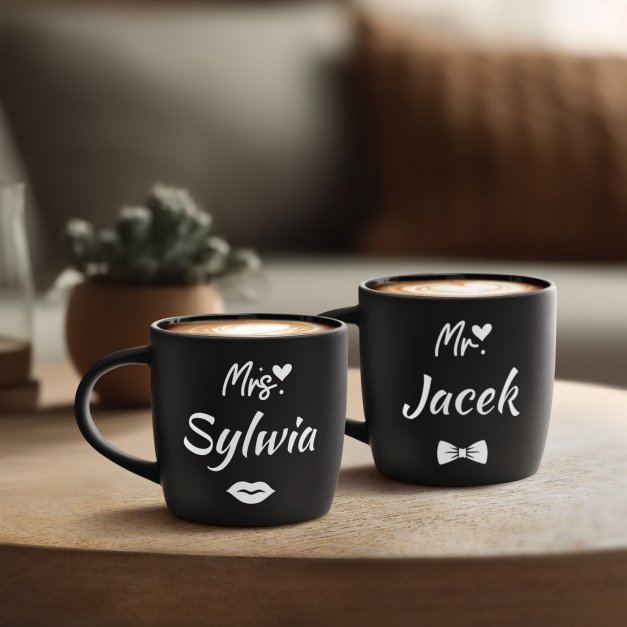 Kubki ceramiczne czarne x2 z grawerem dla pary na ślub rocznicę parapetówkę
