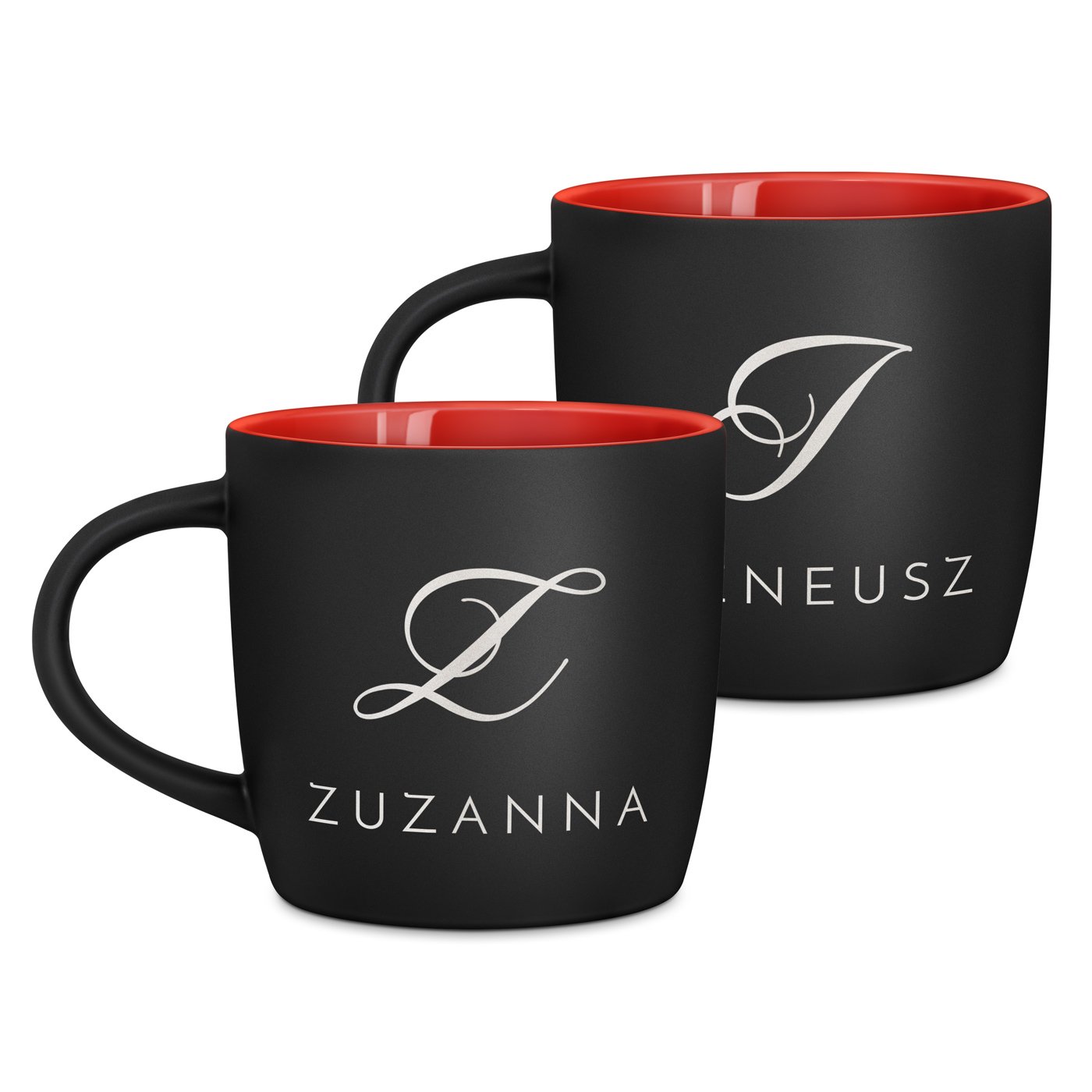 Kubki ceramiczne czarne z czerwonym środkiem x2 z grawerem dla pary na ślub rocznicę parapetówkę