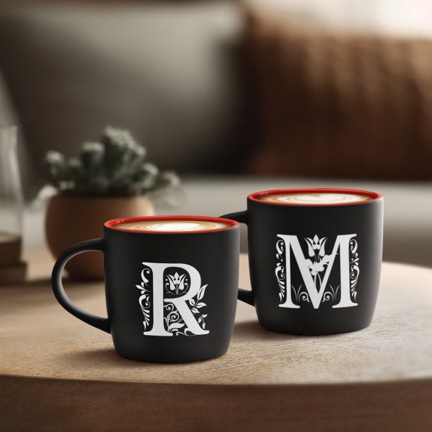 Kubki ceramiczne czarne z czerwonym środkiem x2 z grawerem dla pary na ślub rocznicę parapetówkę