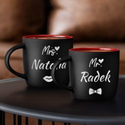 Kubki ceramiczne czarne z czerwonym środkiem x2 z grawerem dla pary na ślub rocznicę parapetówkę