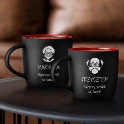 Kubki ceramiczne czarne z czerwonym środkiem x2 z grawerem dla dziadków na Dzień Babci i Dzień Dziadka podziekowanie ślubne