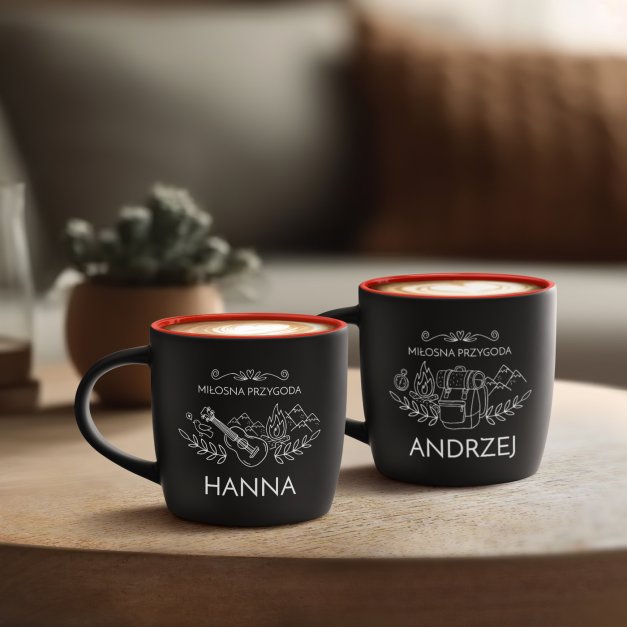 Kubki ceramiczne czarne z czerwonym środkiem x2 z grawerem dla pary na ślub rocznicę parapetówkę