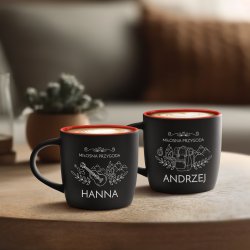 Kubki ceramiczne czarne z czerwonym środkiem x2 z grawerem dla pary na ślub rocznicę parapetówkę