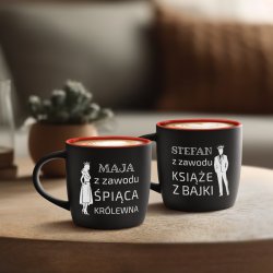 Kubki ceramiczne czarne z czerwonym środkiem x2 z grawerem dla pary na ślub rocznicę parapetówkę