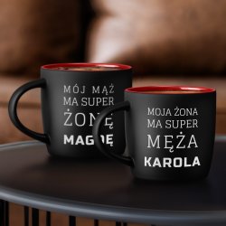 Kubki ceramiczne czarne z czerwonym środkiem x2 z grawerem dla pary na ślub rocznicę parapetówkę walentynki