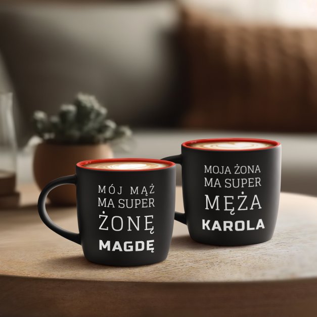 Kubki ceramiczne czarne z czerwonym środkiem x2 z grawerem dla pary na ślub rocznicę parapetówkę walentynki