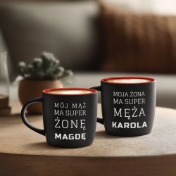 Kubki ceramiczne czarne z czerwonym środkiem x2 z grawerem dla pary na ślub rocznicę parapetówkę walentynki