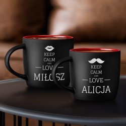 Kubki ceramiczne czarne z czerwonym środkiem x2 z grawerem dla pary na ślub rocznicę walentynki