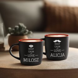 Kubki ceramiczne czarne z czerwonym środkiem x2 z grawerem dla pary na ślub rocznicę walentynki