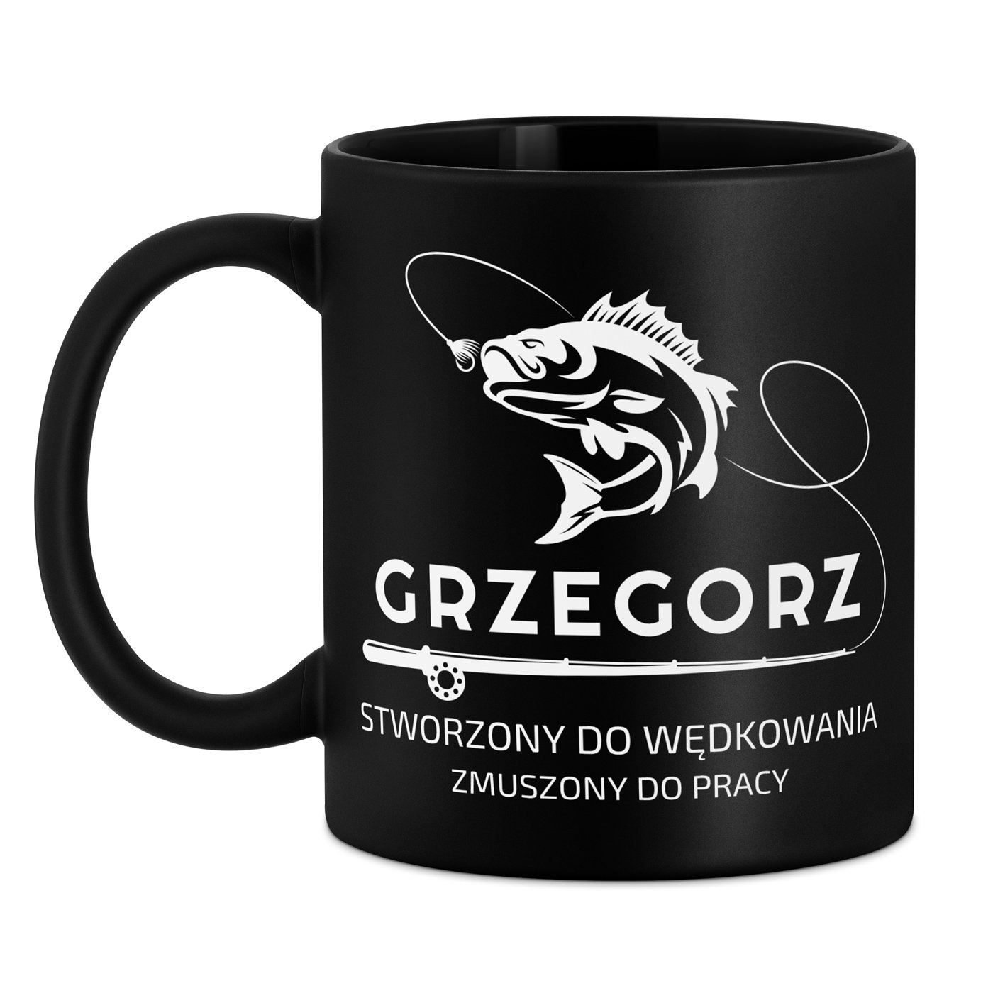 Kubek ceramiczny czarny matowy z grawerem dla wędkarza na imieniny