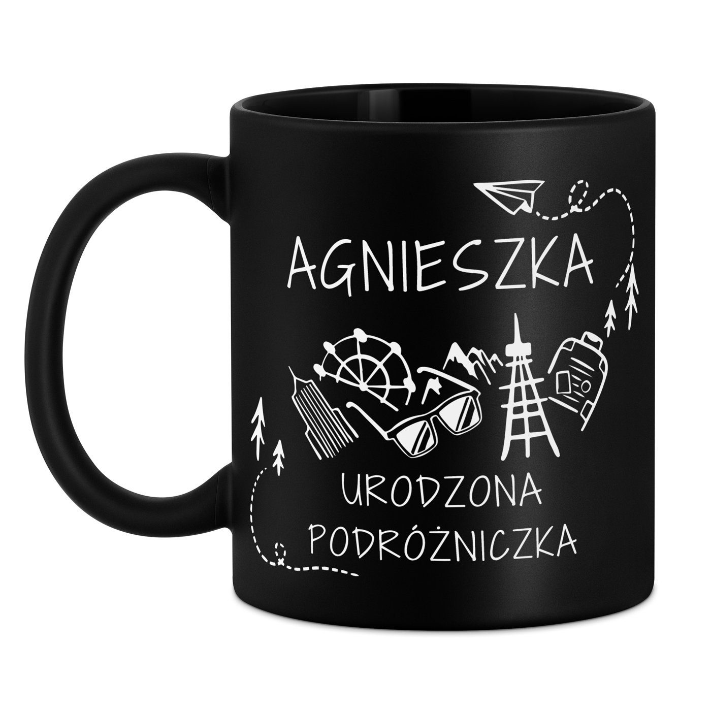 Kubek ceramiczny czarny matowy z grawerem dla podróżniczki miłośniczki gór na imieniny urodziny