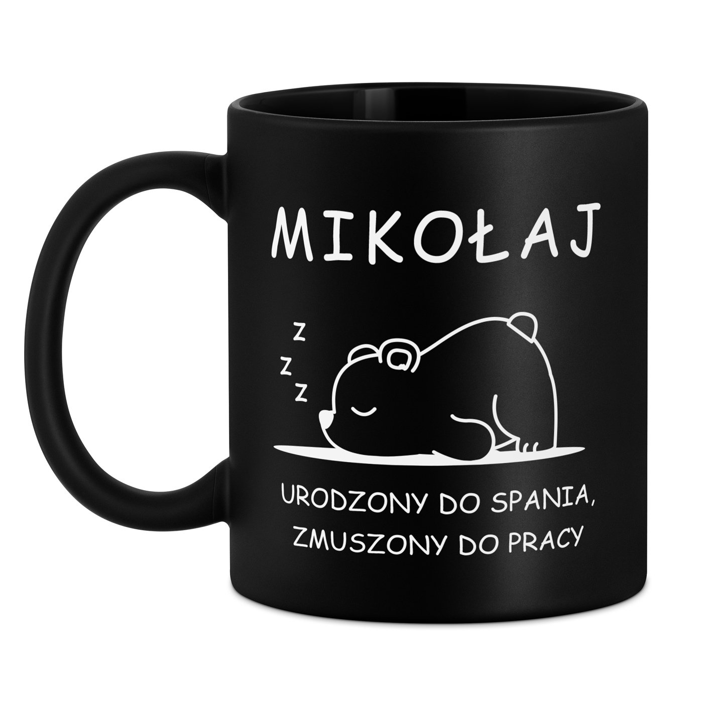 Kubek ceramiczny czarny matowy z grawerem dla śpiocha na imieniny