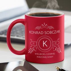 Kubek ceramiczny czerwony z białym środkiem z grawerem dla kawosza na urodziny