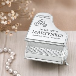 Szkatułka posrebrzana fortepian z grawerem dla dziewczynki na 10 urodziny