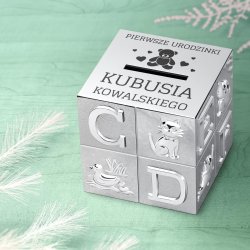 Skarbonka posrebrzana klocek z grawerem dla chłopca na roczek