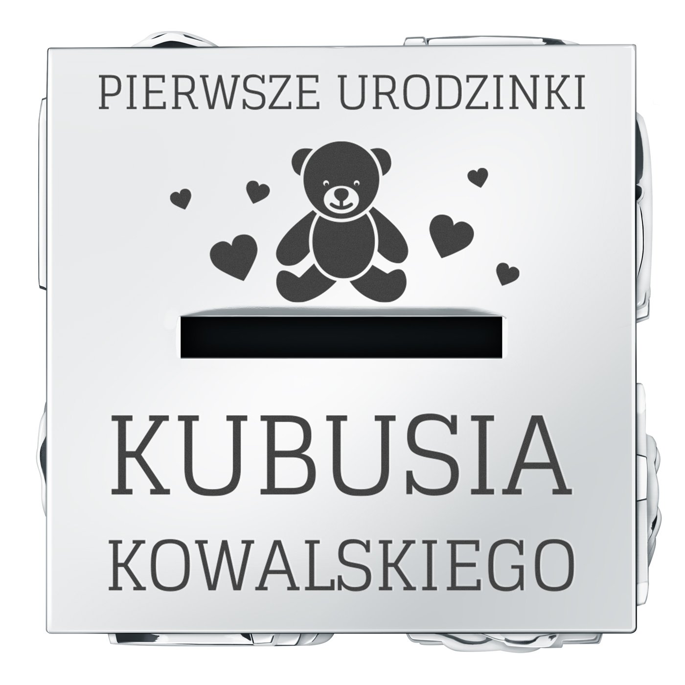 Skarbonka posrebrzana klocek z grawerem dla chłopca na roczek