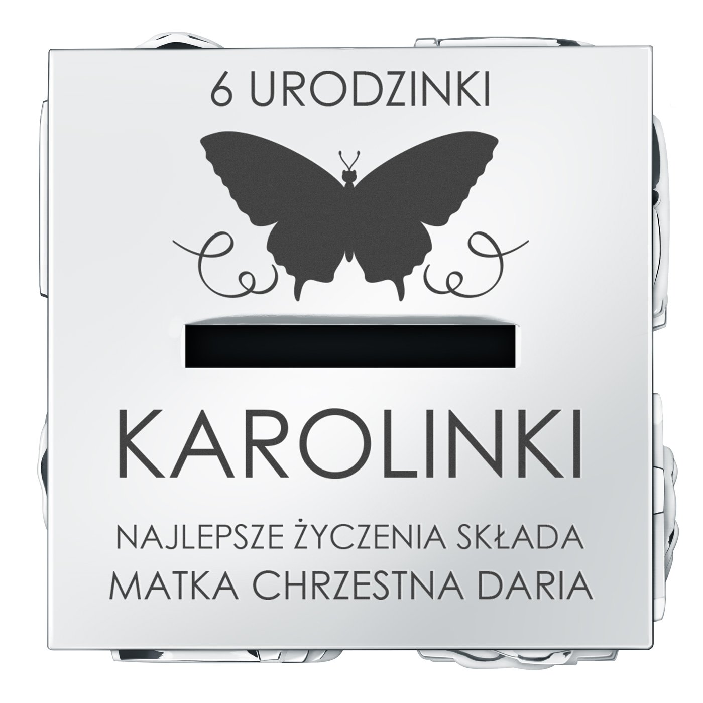 Skarbonka posrebrzana klocek z grawerem dla dziewczynki chrześnicy na urodziny