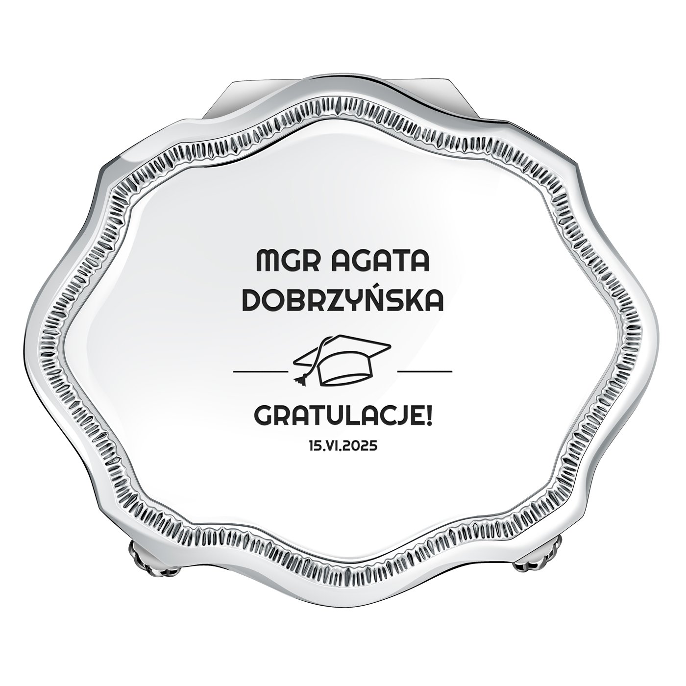 Szkatułka posrebrzana z grawerem dla magistra studenta na absolutorium