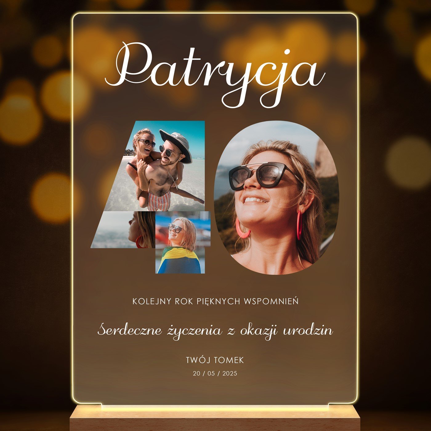 Lampka ramka L z wydrukiem na szkle akrylowym i podświetleniem LED dla niej na 40 urodziny