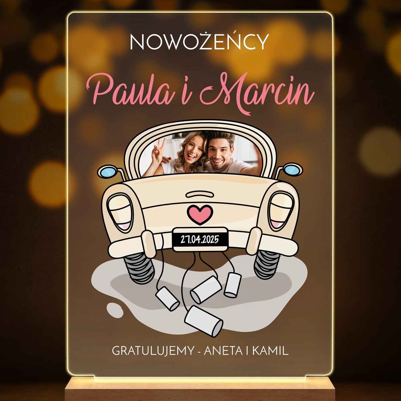 Lampka ramka L z wydrukiem na szkle akrylowym i podświetleniem LED dla pary na ślub rocznicę parapetówkę