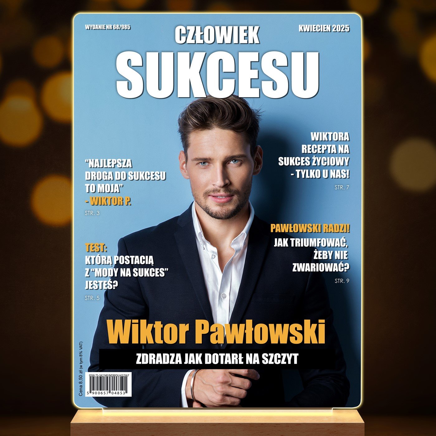 Lampka ramka L z wydrukiem Człowiek Sukcesu na szkle akrylowym i podświetleniem LED dla niego z okazji awansu w pracy