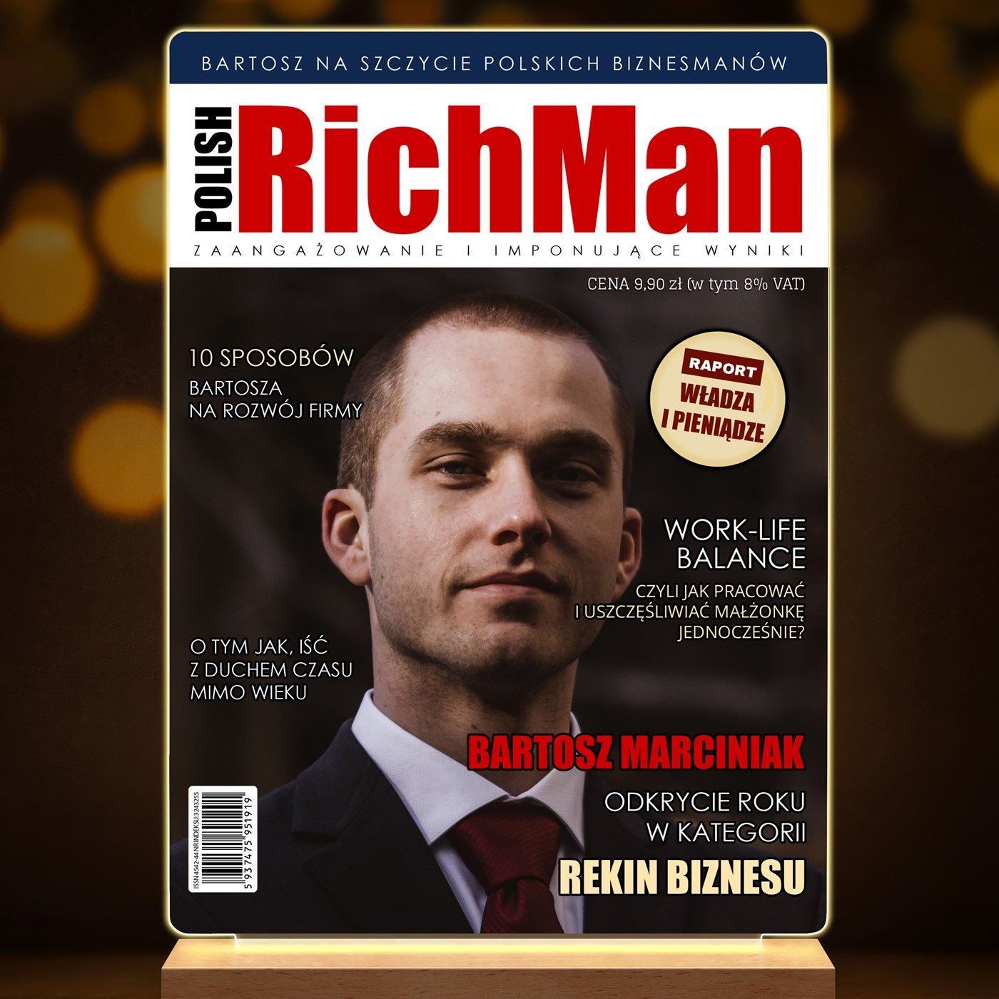 Lampka ramka L z wydrukiem Polish Rich Man na szkle akrylowym i podświetleniem LED dla męża z okazji awansu w pracy