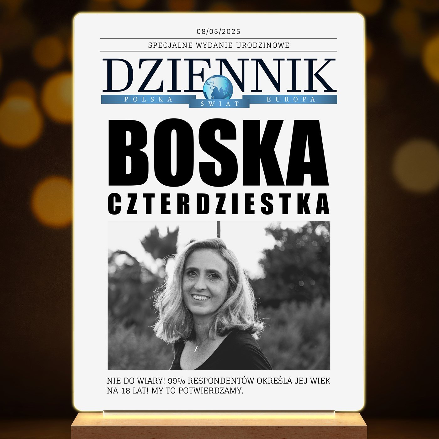 Lampka ramka L z wydrukiem Dziennik na szkle akrylowym i podświetleniem LED dla niej na 40 urodziny