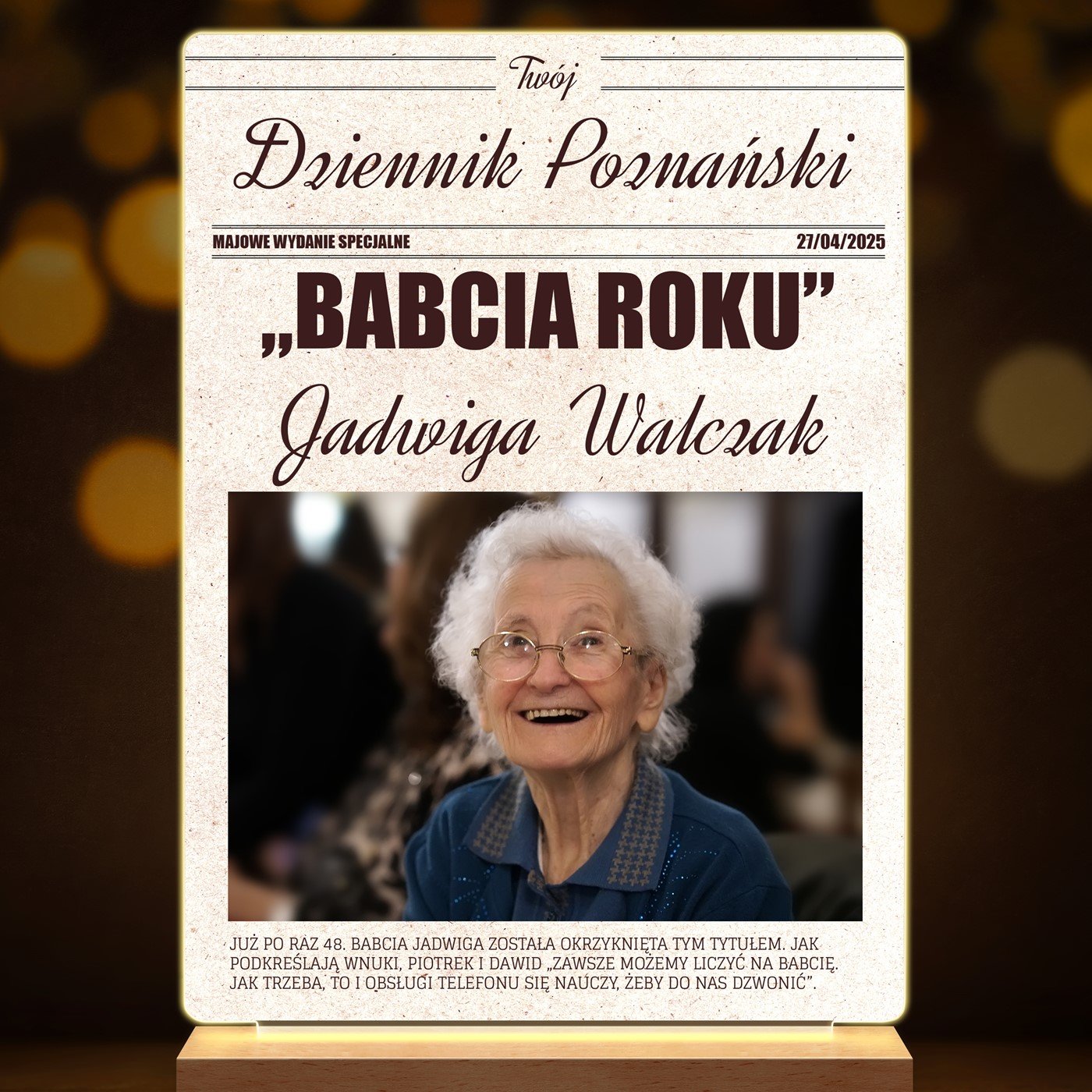 Lampka ramka L z wydrukiemTwój Dziennik na szkle akrylowym i podświetleniem LED dla babci