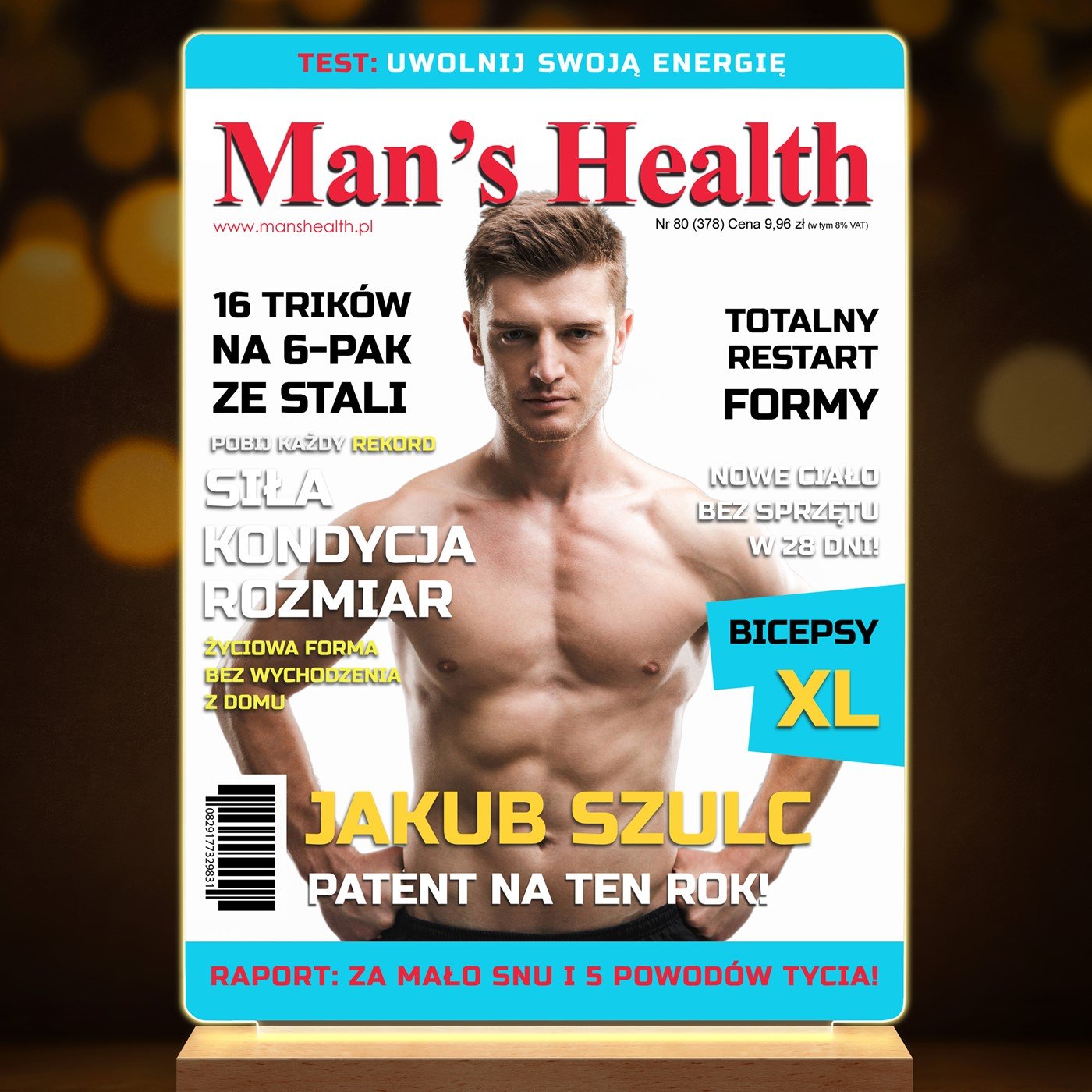 Lampka ramka L z wydrukiem Man's Health na szkle akrylowym i podświetleniem LED dla kulturysty sportowca trenera