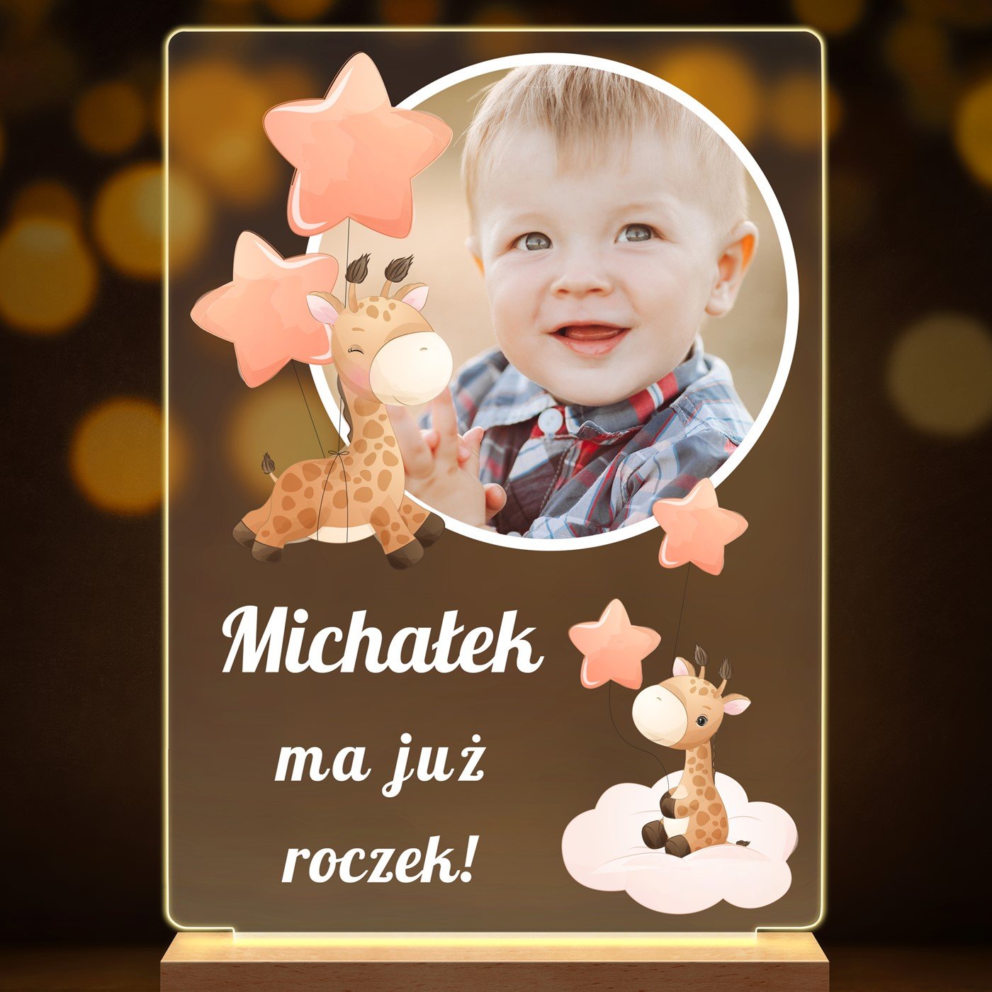 Lampka ramka L z wydrukiem na szkle akrylowym i podświetleniem LED dla chłopca na roczek