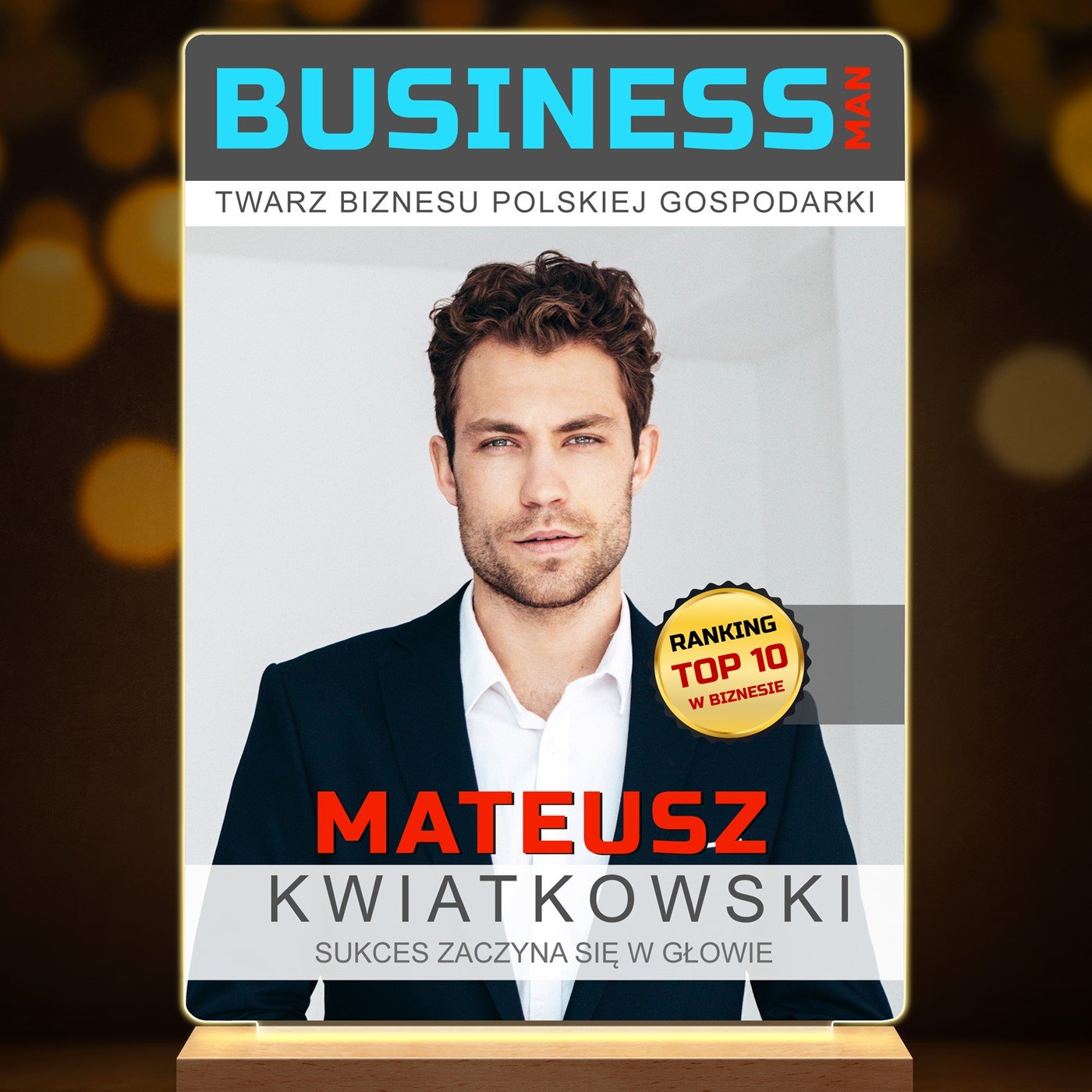 Lampka ramka L z wydrukiem Business Man na szkle akrylowym i podświetleniem LED dla niego szega na awans w pracy
