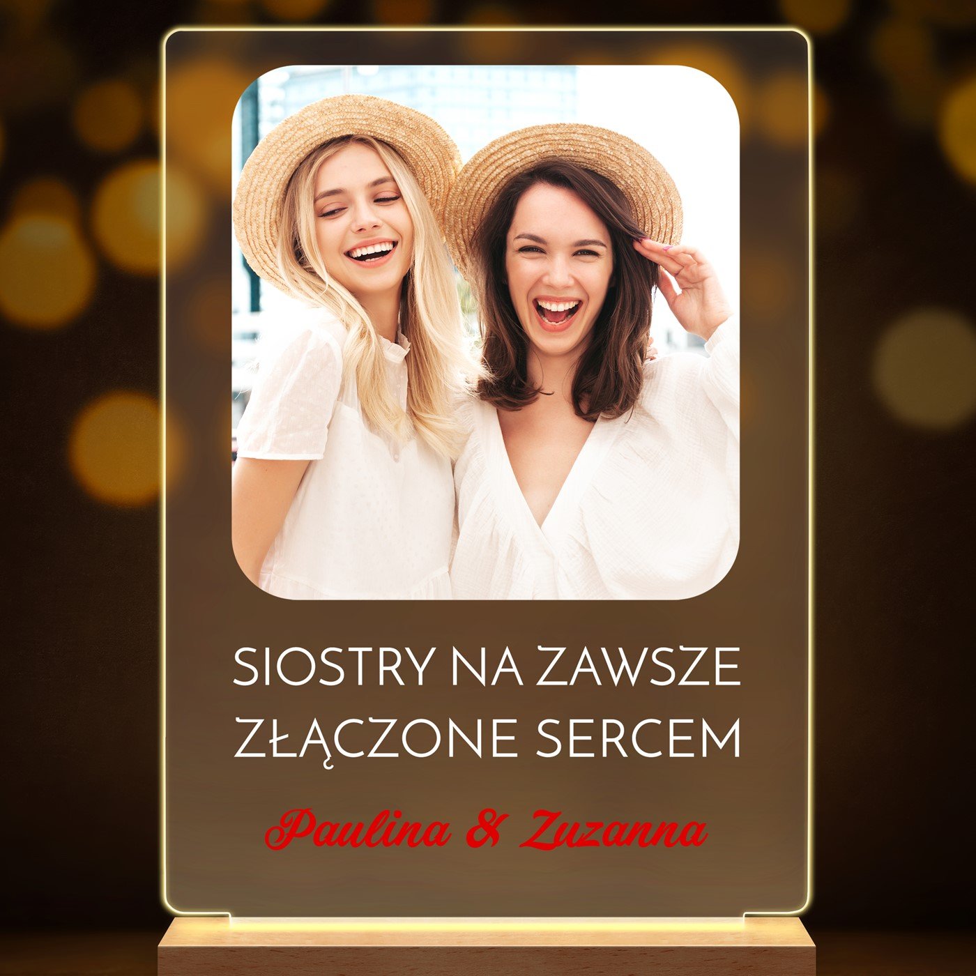 Lampka ramka L z wydrukiem na szkle akrylowym i podświetleniem LED dla siostry sióstr przyjaciółki pary