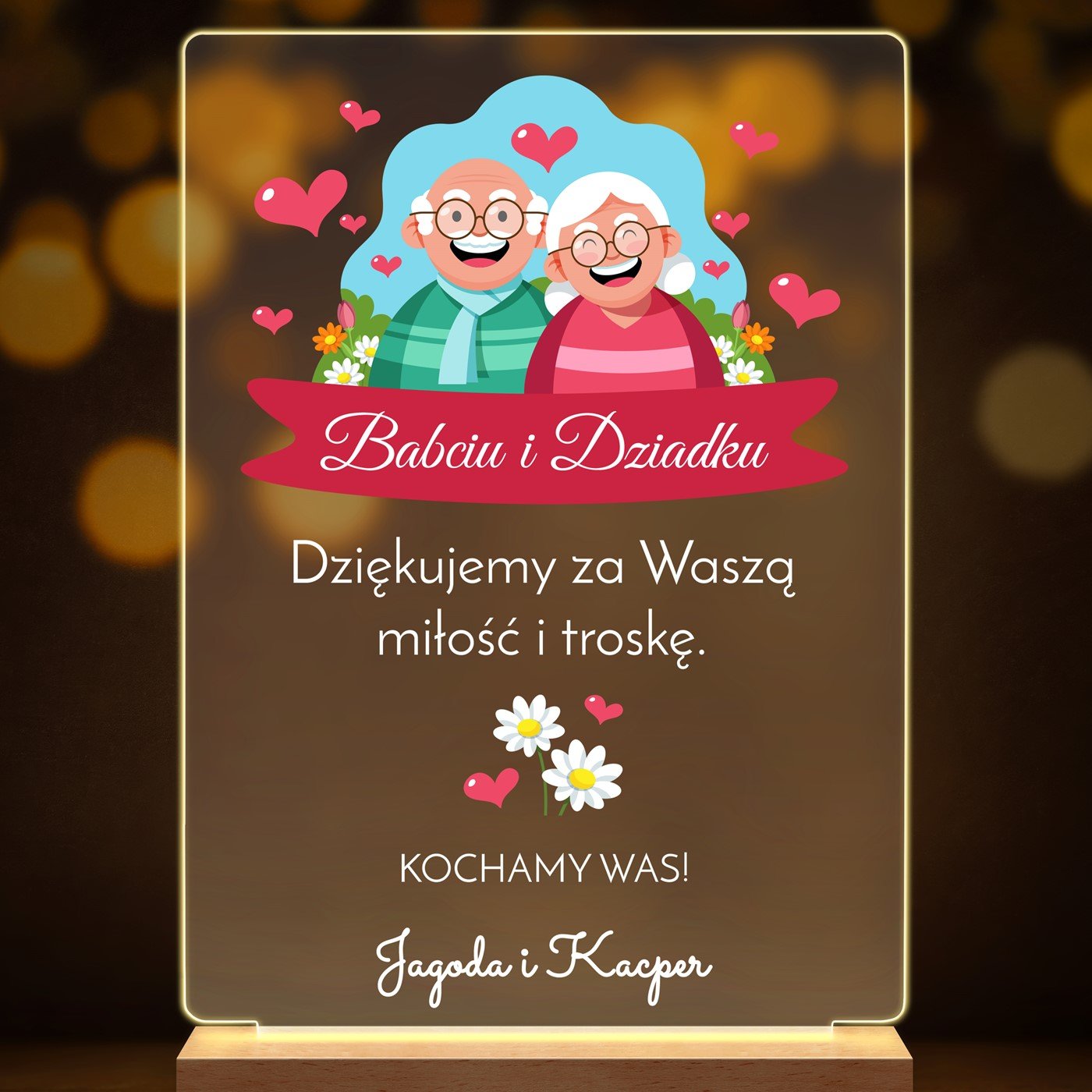 Lampka ramka L z wydrukiem na szkle akrylowym i podświetleniem LED dla dziadków jako podziękowanie ślubne