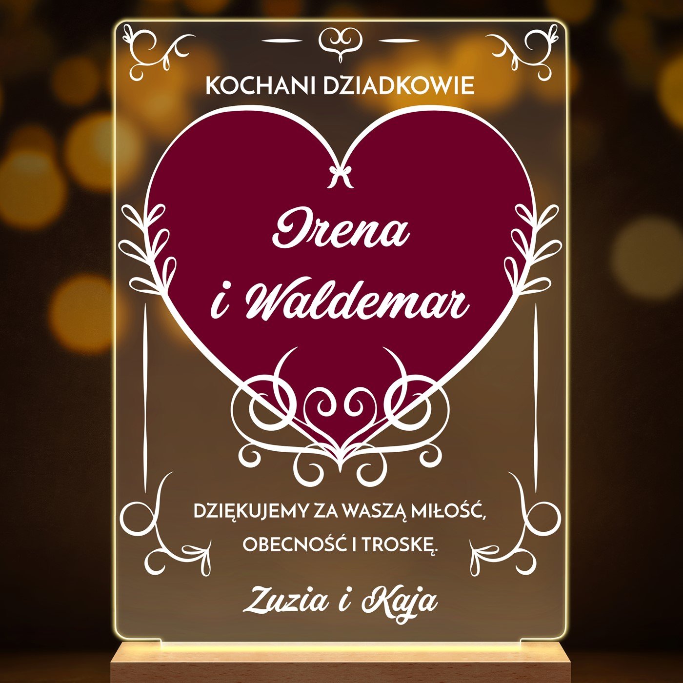 Lampka ramka L z wydrukiem na szkle akrylowym i podświetleniem LEDdla dziadków jako podziękowanie ślubne