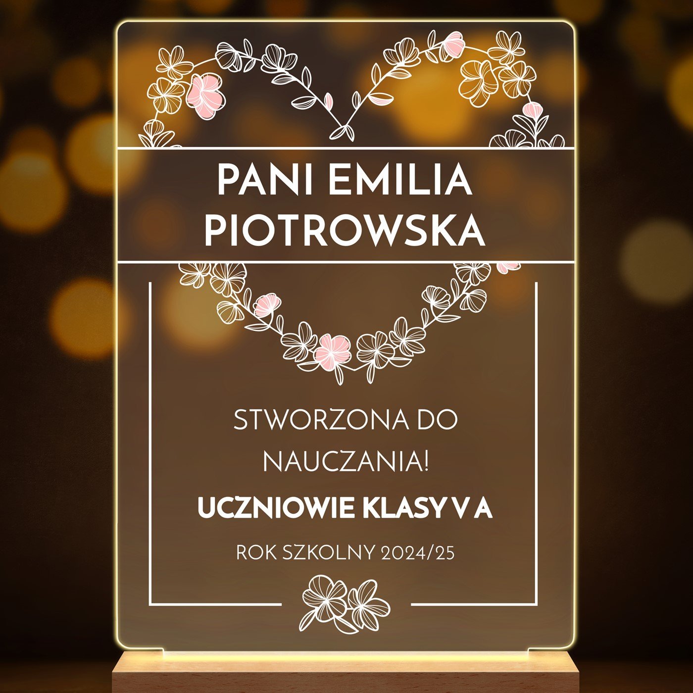 Lampka ramka L z wydrukiem na szkle akrylowym i podświetleniem LED dla wychowawczyni nauczycielki