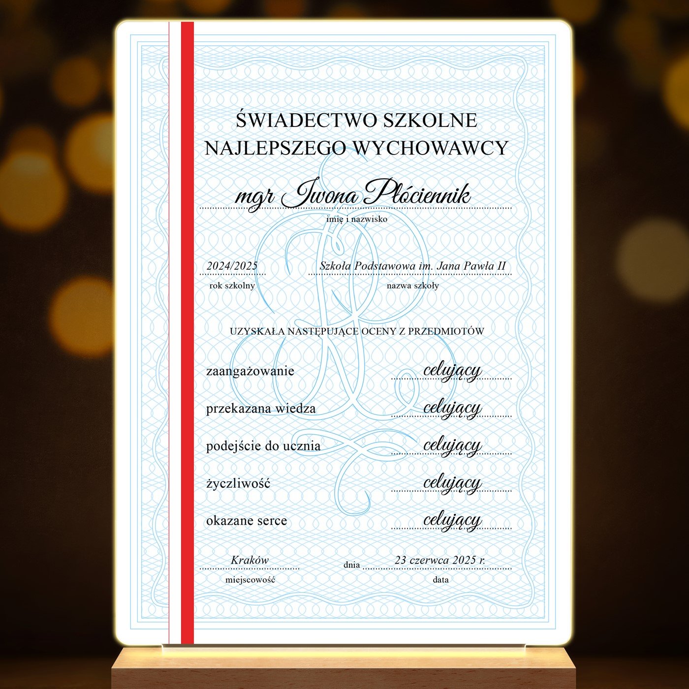 Lampka ramka L z wydrukiem na szkle akrylowym i podświetleniem LED dla wychowawczyni