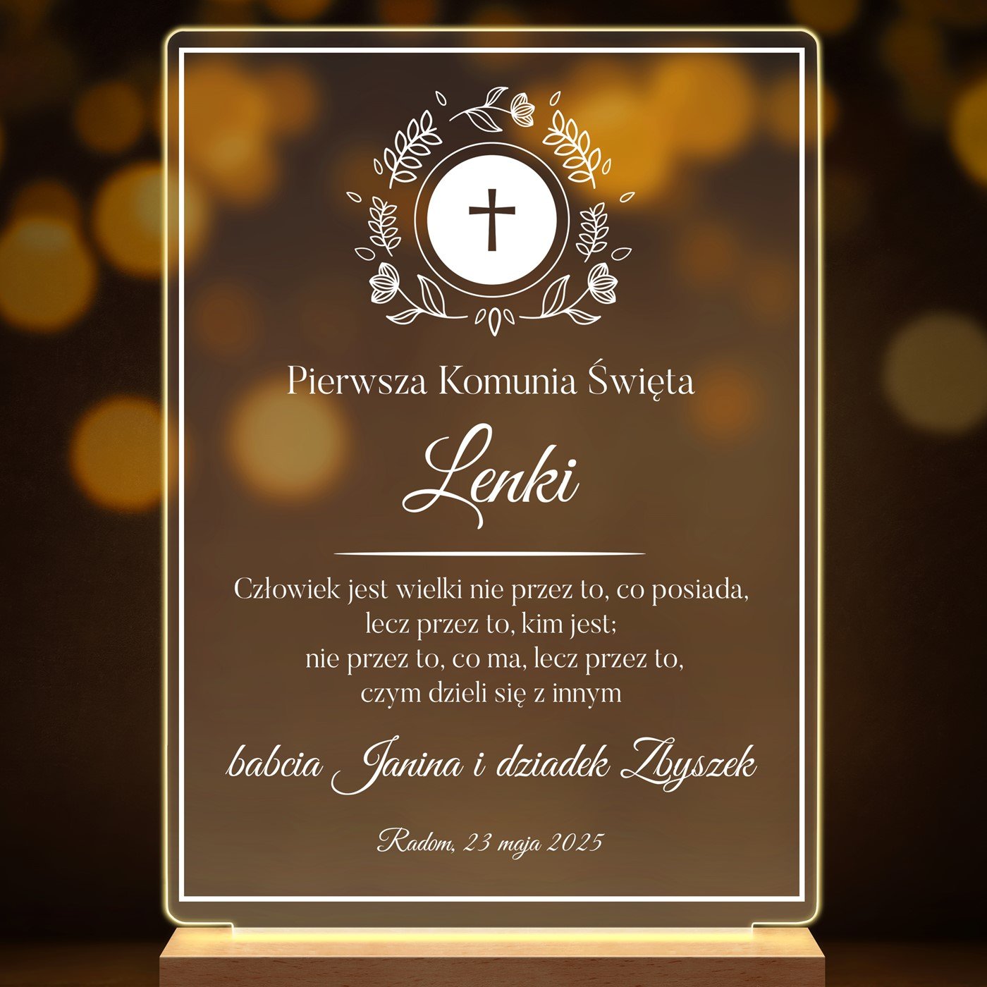 Lampka ramka L z wydrukiem na szkle akrylowym i podświetleniem LED dla dziewczynki na komunię