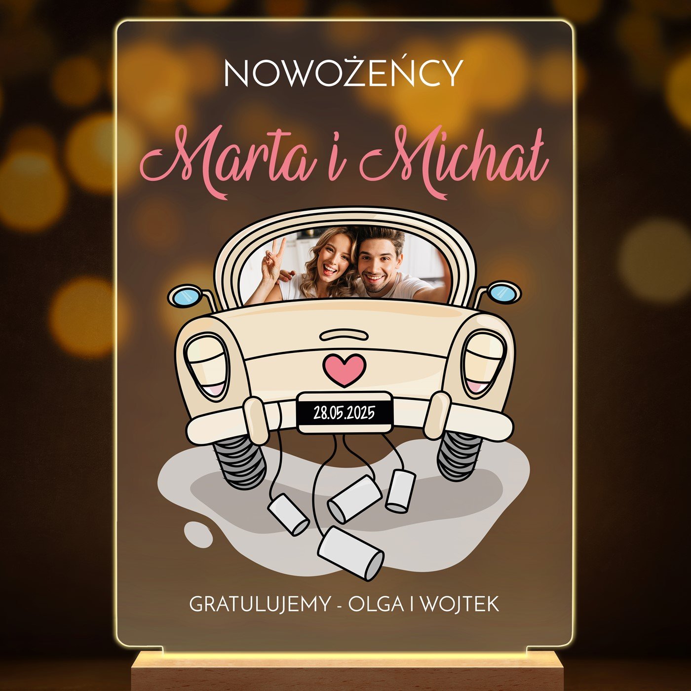 Lampka ramka XL z wydrukiem na szkle akrylowym i podświetleniem LED dla pary na ślub