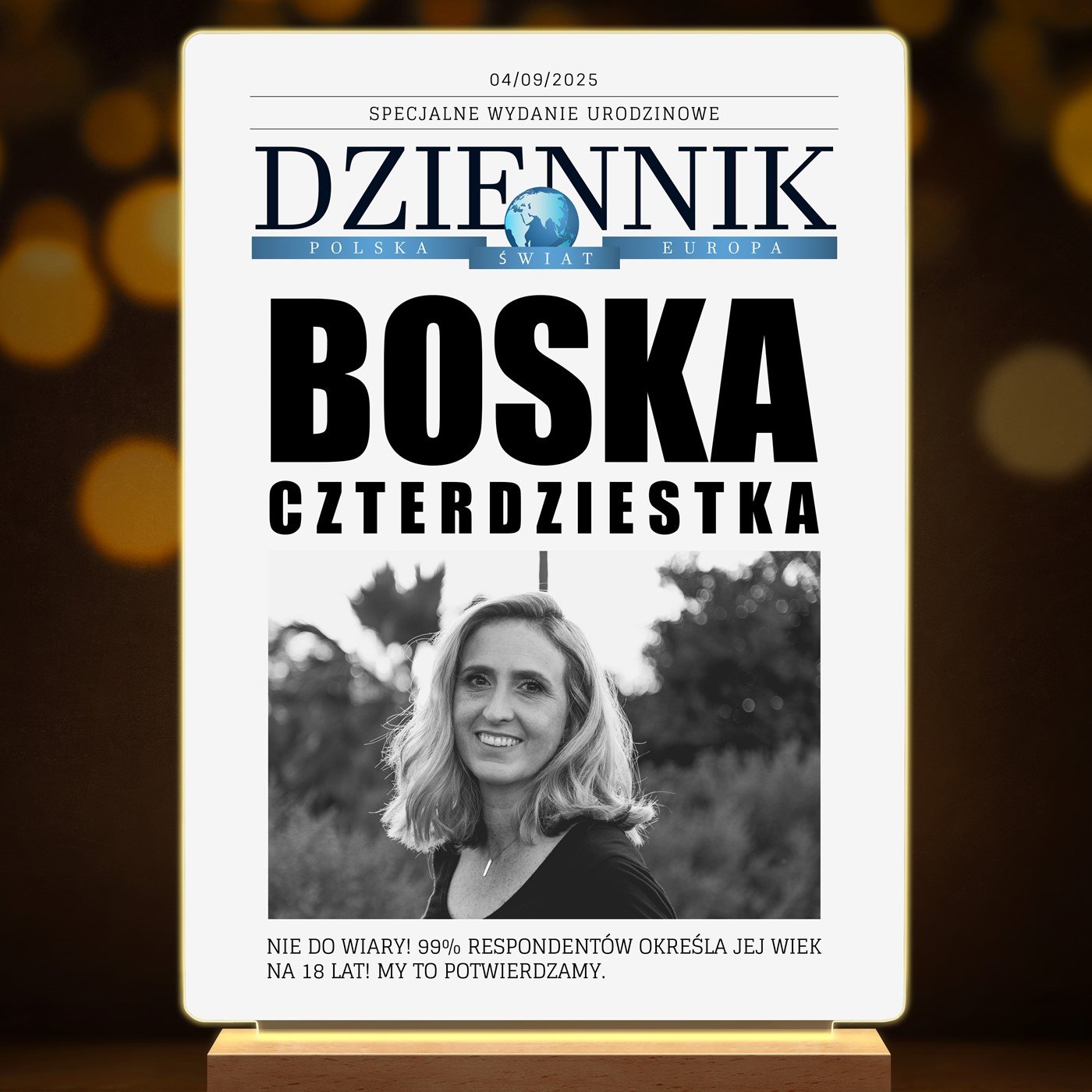 Lampka ramka XL z wydrukiem Dziennik na szkle akrylowym i podświetleniem LED dla niej na 40 urodziny
