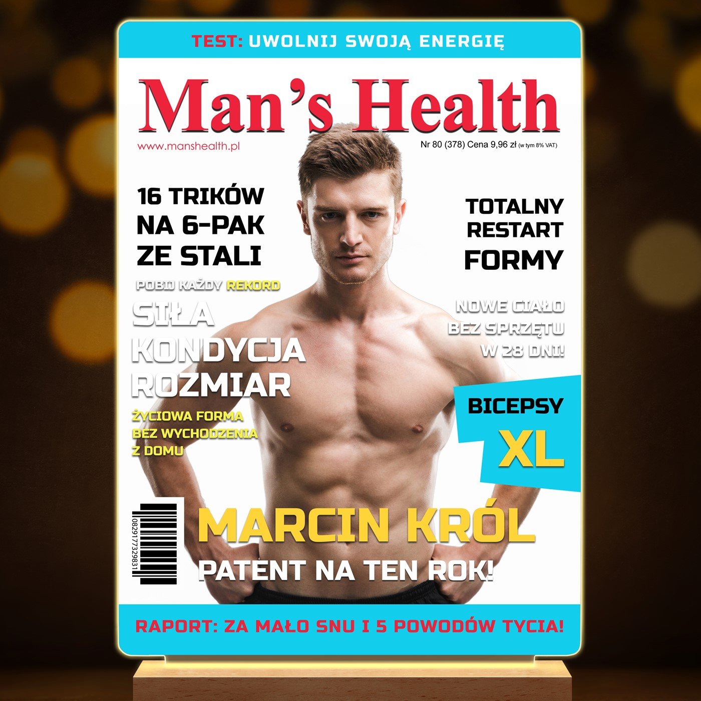 Lampka ramka XL z wydrukiem Man's Health na szkle akrylowym i podświetleniem LED dla kulturysty sportowca