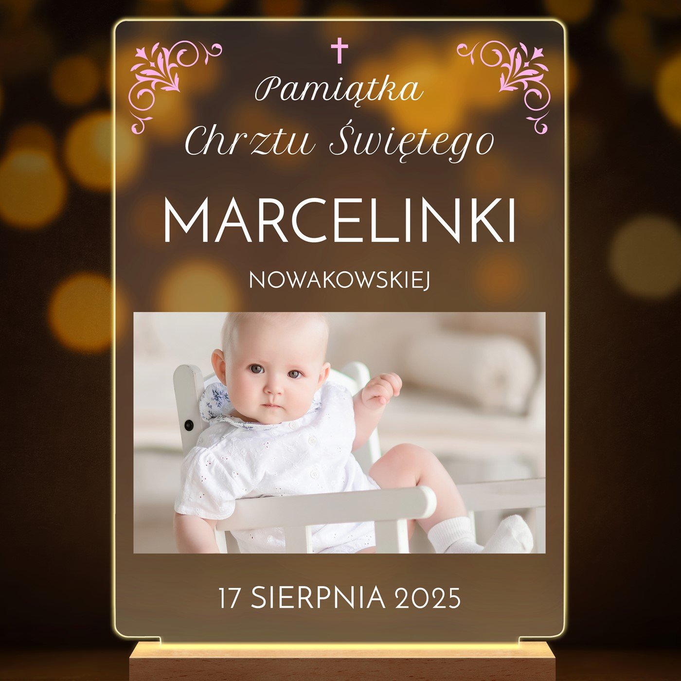 Lampka ramka XL z wydrukiem na szkle akrylowym i podświetleniem LED dla chłopca na chrzest